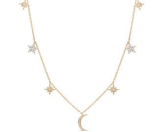 14k Gold Diamond Crescent Moon & Stars Celestial 7 Charm Necklace