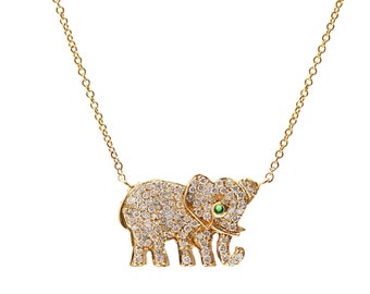 14k Gold Diamond & Emerald &quot;Lucky Elephant&quot; Charm Adjustable Necklace