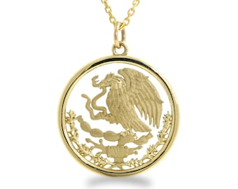 14k Gold Mexican Eagle Coat of Arms Flag Charm Adjustable Necklace