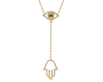 14k Gold Diamond & Blue Diamond Evil Eye Hamsa Lariat Charm Adjustable Necklace