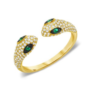 14k Gold Two-Headed Diamond & Emerald Open Cuff Snake Ring