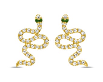 14k Gold Diamond & Tsavorite Garnet Snake Stud Earrings - Small