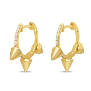 14k Gold Three Spike Diamond Huggies Earrings - small