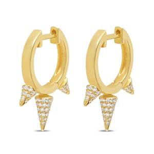 14k Gold Diamond Three Spike Huggies/Earrings - Small