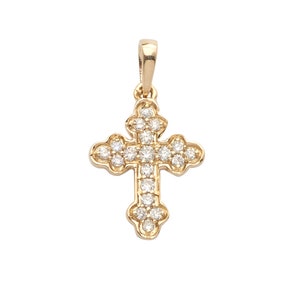 14k Gold & Diamond Micro Orthodox Fleur de Lis Cross Charm Pendant