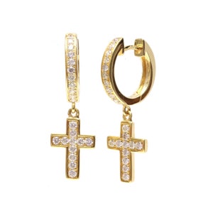 14k Gold & Diamant Channel Set Kreuz Charm baumeln / Tropfen Huggie Ohrringe