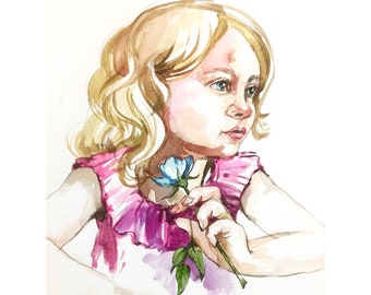 Girl with Flower Original Watercolor Original Painting Artwork 12"by 9" by ArtWorkFromOlesea