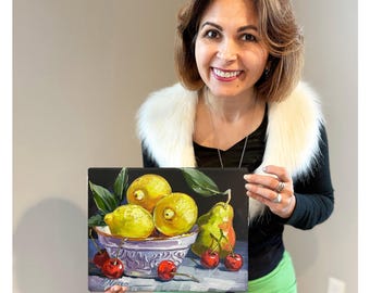 Pintura al óleo original de limones y cerezas, naturaleza muerta, lienzo de 8x10 pulgadas.