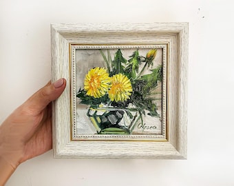 Dandelions Oil Painting Original Framed Floral Art 8x8
