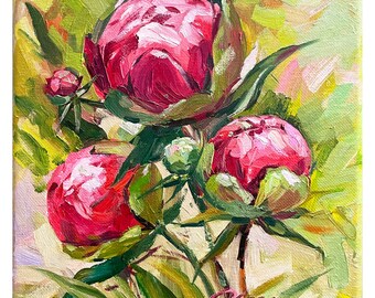 牡丹の油絵、花の印象派風オリジナル壁掛けアート