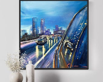 夜の車と都市景観を描いた油絵、オリジナルの玄関用壁掛けアート（14×14インチ）