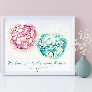Può includere: Una stampa ad acquerello incorniciata con due globi celesti in rosa e verde acqua, con una texture a bolle. La stampa include il testo "We love you to the moon & back" e la data "Giugno 2022".
