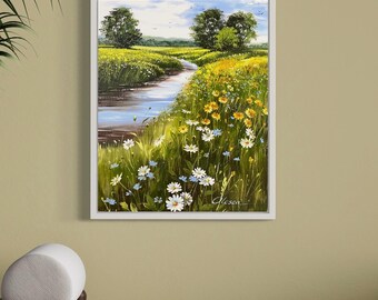 草原の風景 野の花 油絵 花柄 玄関 壁アート 夏の野原アート 16インチ×20インチ ArtWorkFromOlesea 作