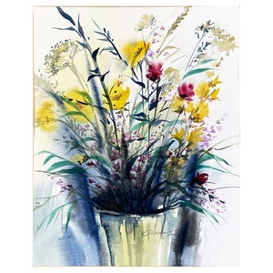 Original Field Flowers Watercolor Painting, Country House Art (14x16) image 1
