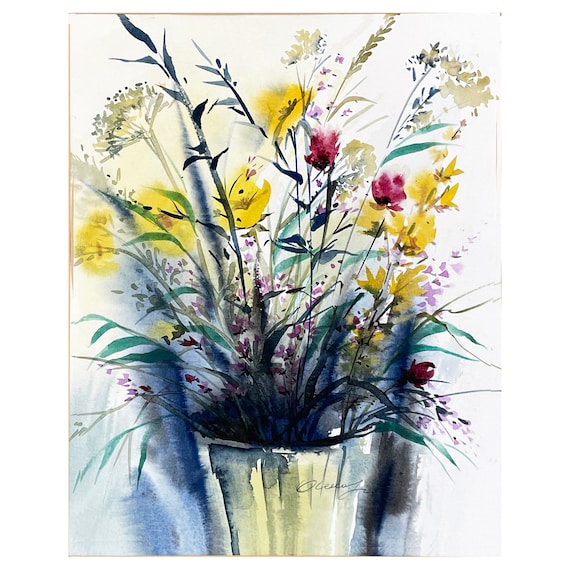 Original Field Flowers Watercolor Painting, Country House Art (14x16)