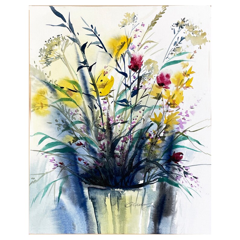 Original Field Flowers Watercolor Painting, Country House Art (14x16) image 1