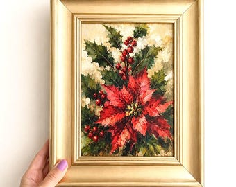 Cuadro al óleo original de flor de Pascua, decoración navideña de invierno para pared, pequeño cuadro impresionista, regalo de Navidad (23 x 18 cm).