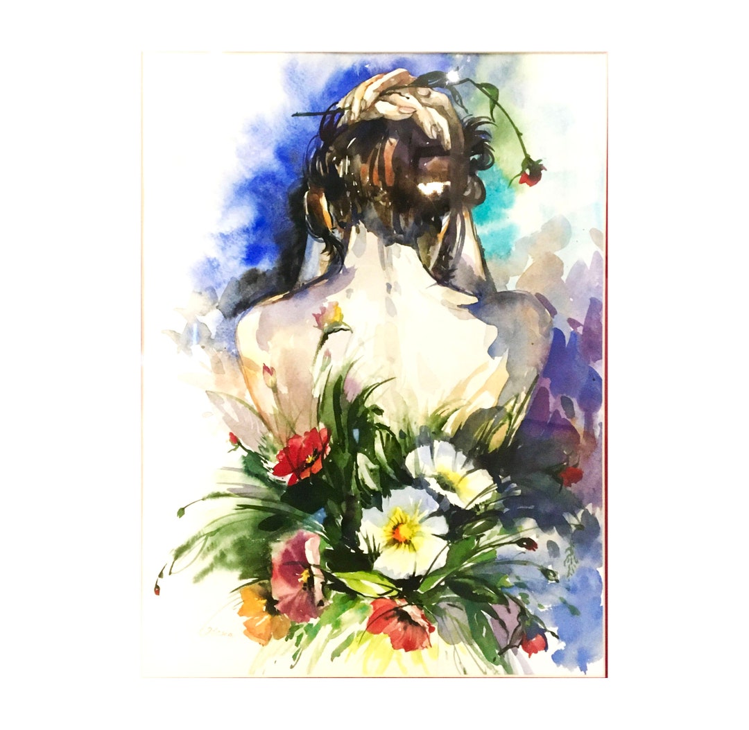 Woman Portrait Floral Watercolor Original Wall Painting Lady Flowers ...