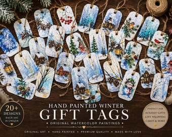 Hand Painted Winter Gift Tags: Original Watercolor Christmas Art Designs