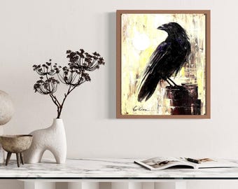Pintura a óleo original de um corvo negro para decoração de parede.