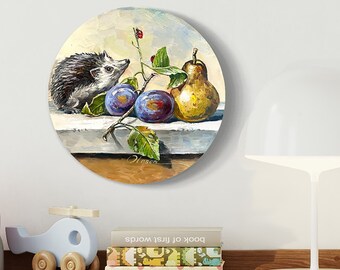 Original Oil Painting: Hedgehog Still Life, 12x12 Inch Stretched Canvas Wall Art