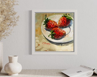 Strawberry Oil Painting Kitchen Original Still Life Art (8x8)