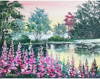 オリジナル花風景油絵 野の花キャンバスアート 11x14