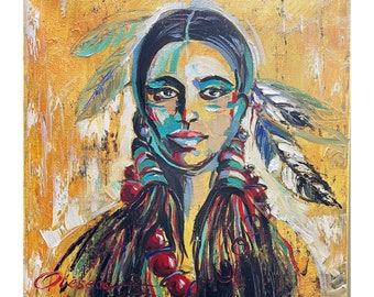 ネイティブアメリカンの女性の肖像画、キャンバスに描かれたオリジナルの油絵
