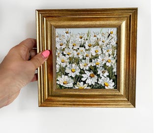Daisies Floral Oil Painting Original Impasto Wall Art (7x7)