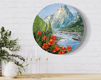 オリジナル油絵：ポピーのある山岳風景、12×12インチのキャンバスアート