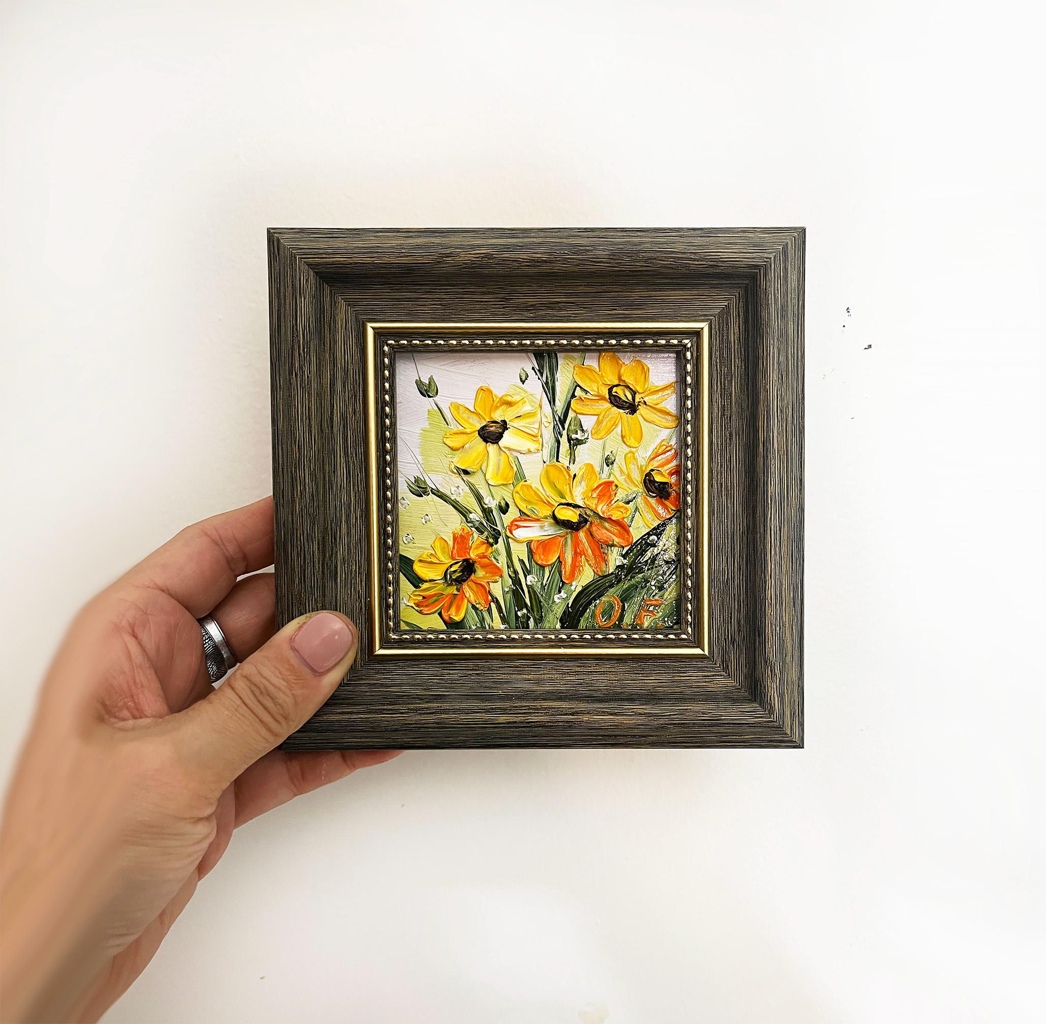 黄色い花の油絵、額装済みフローラルウォールアート（6x6インチ