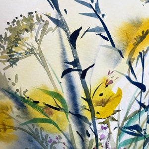 May include: A watercolor painting featuring abstract botanical elements in shades of yellow, deep blue, and green. The composition includes delicate floral clusters, slender stems, and pointed leaves rendered with fluid, layered paint strokes.