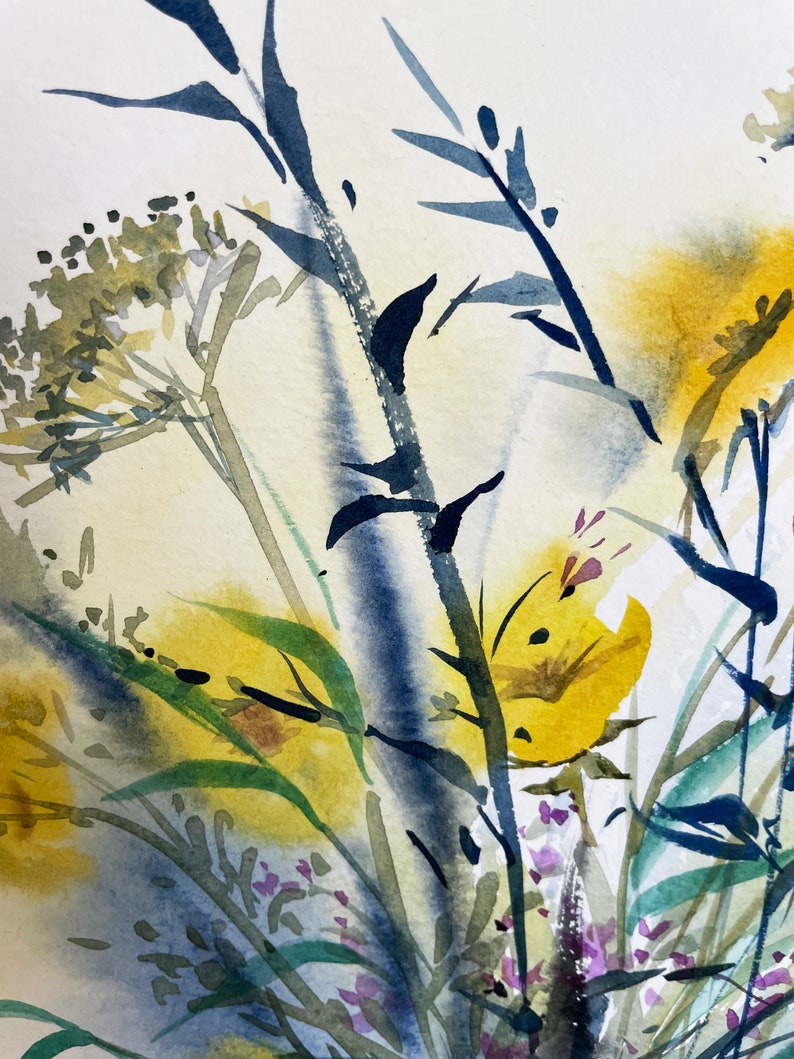 May include: A watercolor painting featuring abstract botanical elements in shades of yellow, deep blue, and green. The composition includes delicate floral clusters, slender stems, and pointed leaves rendered with fluid, layered paint strokes.