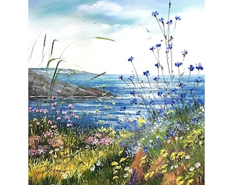 Seascape Oil Painting: Eastern Coast Wildflower Art