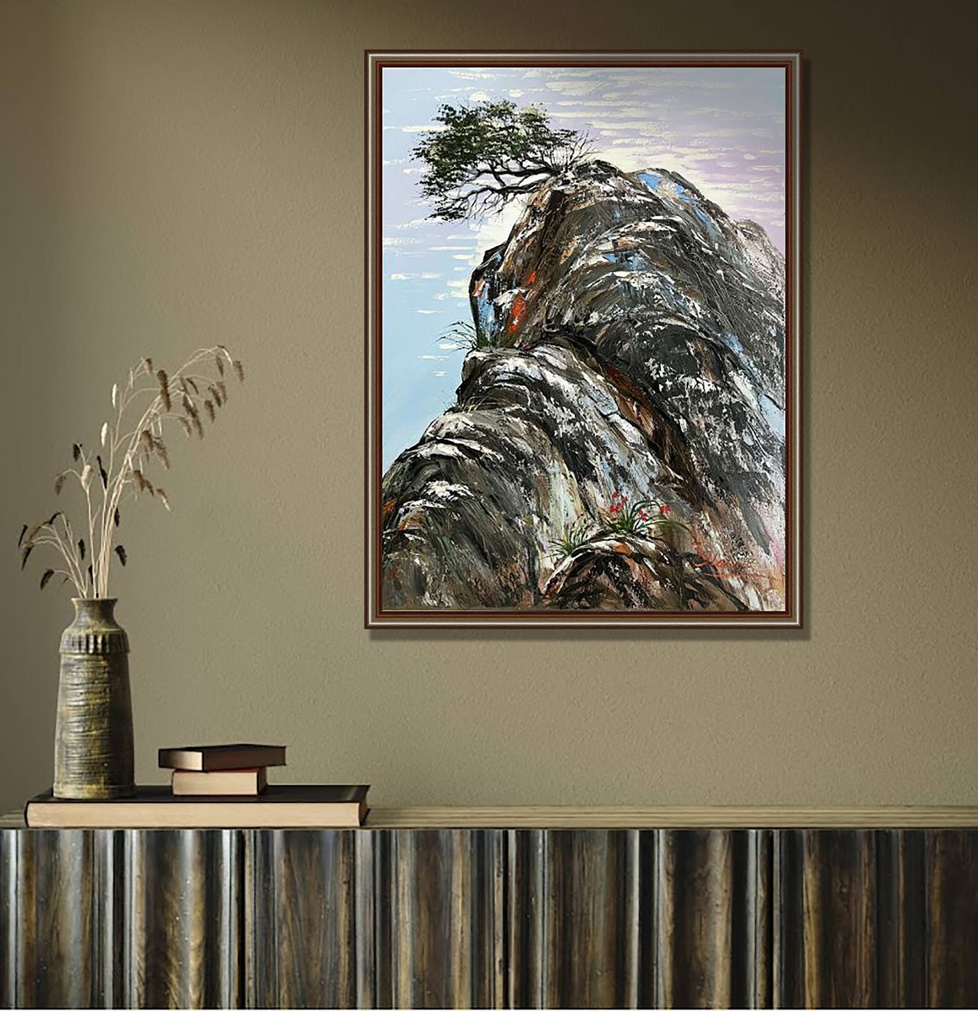 岩、海、壁アート、木、山、海景、オリジナル油絵、24インチ×18インチ