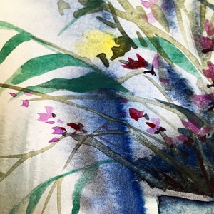 May include: A watercolor painting featuring a bouquet of long green leaves and small purple flowers. The composition includes splashes of deep blue, a touch of bright yellow, and dark red accents, all rendered with fluid, blended brushstrokes.