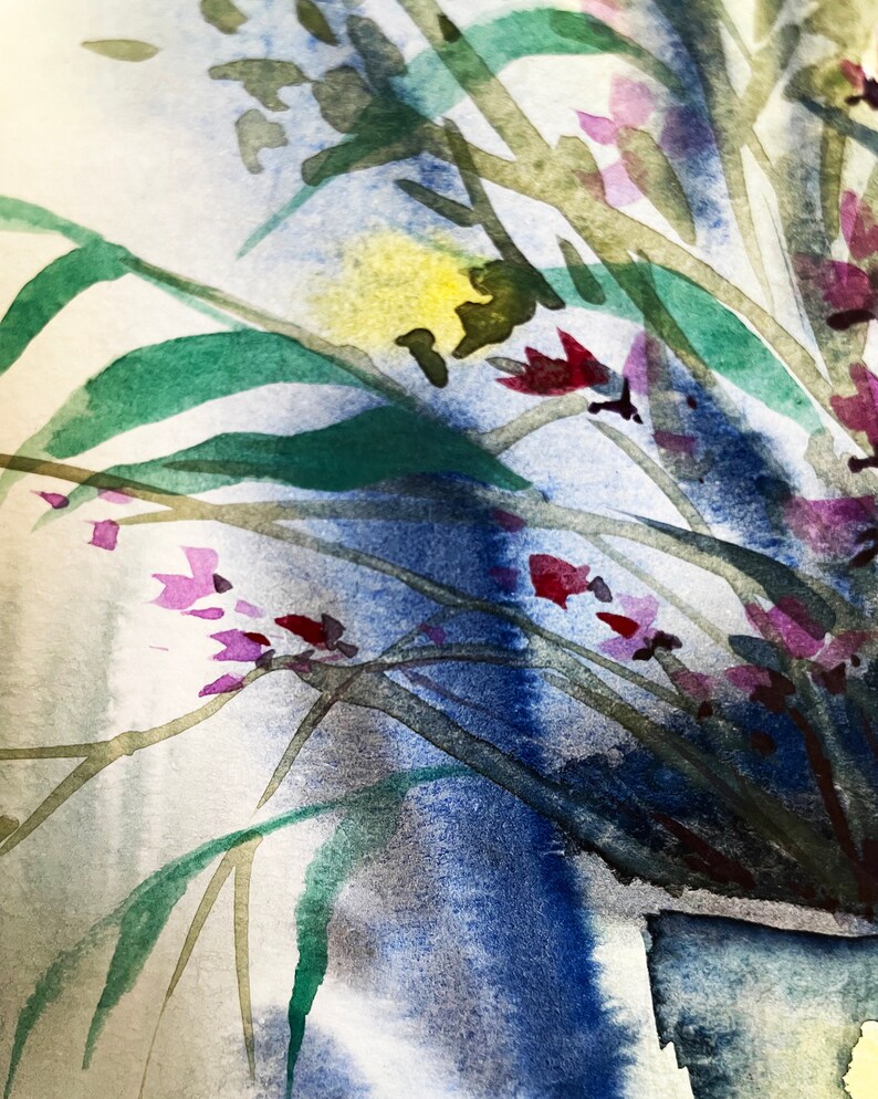 May include: A watercolor painting featuring a bouquet of long green leaves and small purple flowers. The composition includes splashes of deep blue, a touch of bright yellow, and dark red accents, all rendered with fluid, blended brushstrokes.