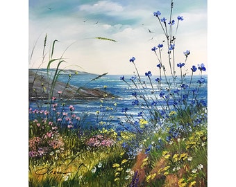 海景油絵：東海岸の野花アート