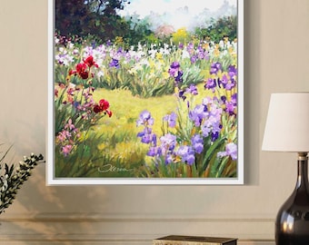 Irises Oil Painting Original Impasto Floral Landscape Art