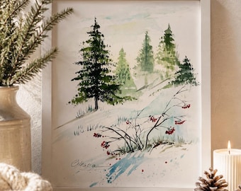 Original Watercolor Winter Pine Tree Painting, Vermont Landscape (10x8)