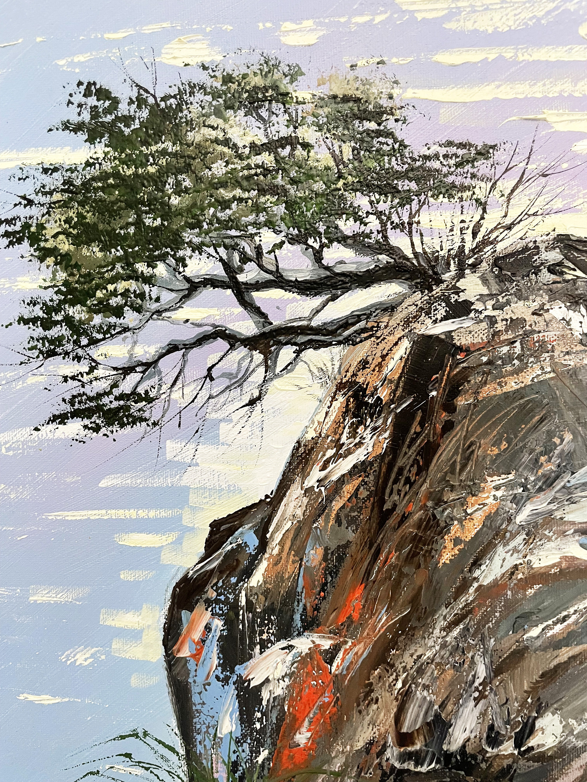 岩、海、壁アート、木、山、海景、オリジナル油絵、24インチ×18インチ