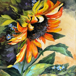 以下が含まれることがあります： 黄色とオレンジの花びらを持つひまわりを鮮やかに描いた油絵で、濃い緑色の背景に小さな青い花が描かれています。ひまわりは絵の右側を向いており、頭は下向きになっています。右下隅には、アーティストの署名「Olesea」が見えます。