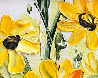黄色い花の油絵、額装済みフローラルウォールアート（6x6インチ