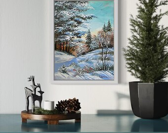 Quadro decorativo de inverno com paisagem, pintura original de pinheiro e neve natalina para hall de entrada, 28 cm x 35 cm, da ArtWorkFromOlesea.