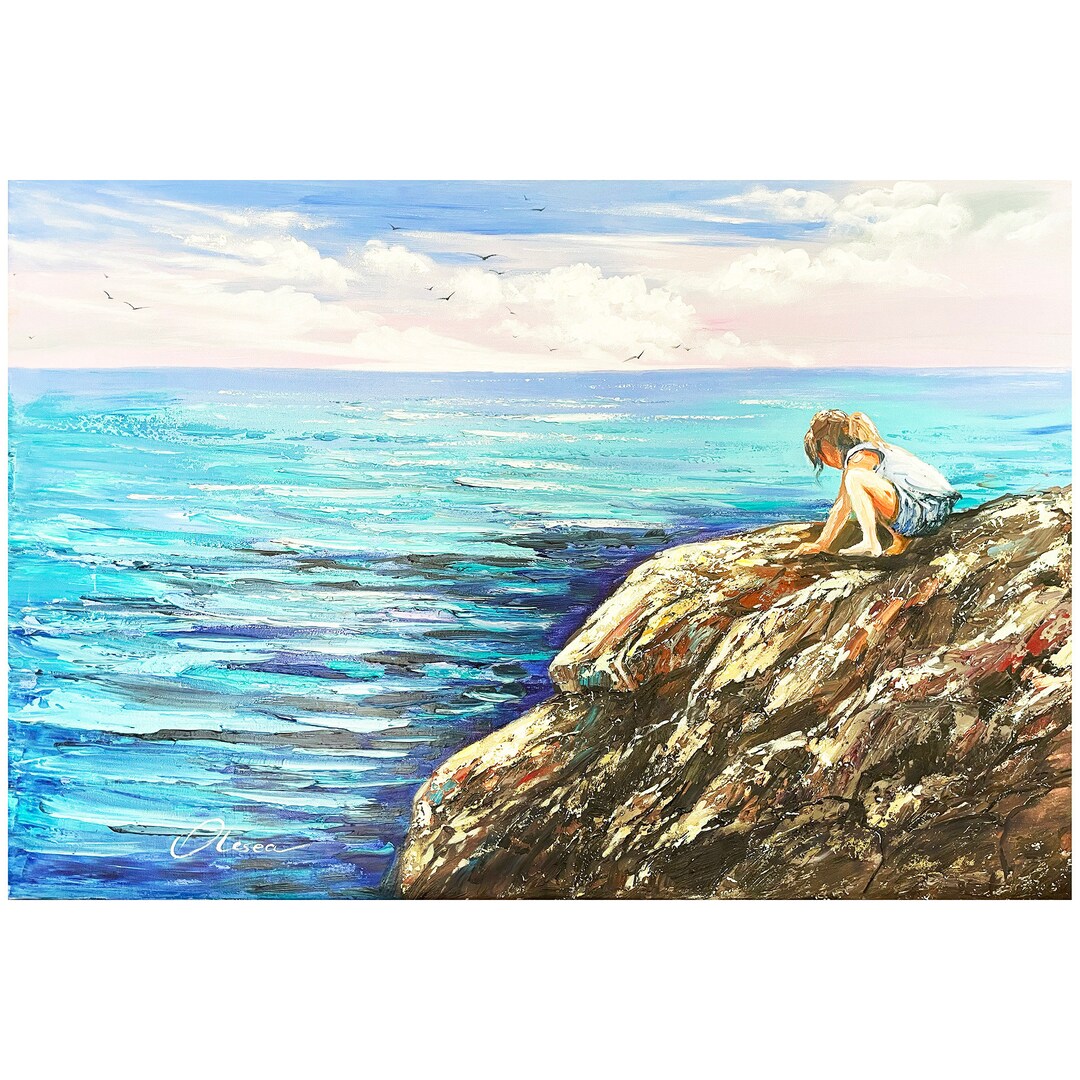 Ocean Wall Art Girl Oil Original Painting Seascape Living Room Art ...