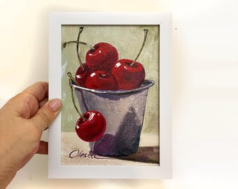 さくらんぼの静物画、5 x 7インチ、下塗りイラストボードに描かれた