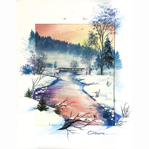 Vermont Winter Watercolor Original Painting Winter Landscape Pine Trees Artwork 11"by 14" by ArtWorkFromOlesea