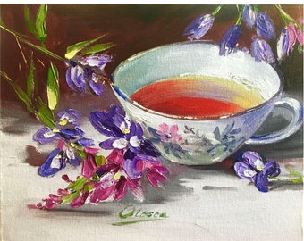 モーニングティー オリジナル油絵 静物画 花のアートワーク by ArtWorkFromOlesea