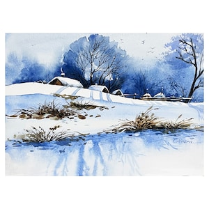 Maine Wall Art Original Painting Winter Landscape Watercolor  11"by 8" by ArtWorkFromOlesea