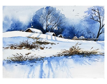 Maine Wall Art Original Painting Winter Landscape Watercolor  11"by 8" by ArtWorkFromOlesea